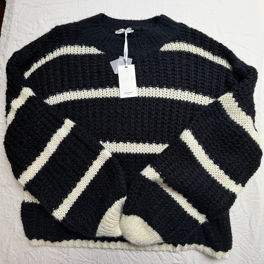 NWT Grace Karin Women's Oversized Black Striped Crewneck Sweater XL